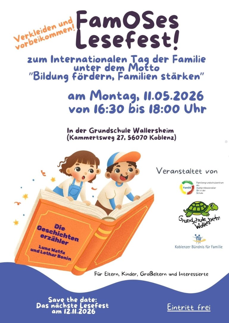 Plakat: Gezeichnete, lachende Kinder fliegen auf einem Buch