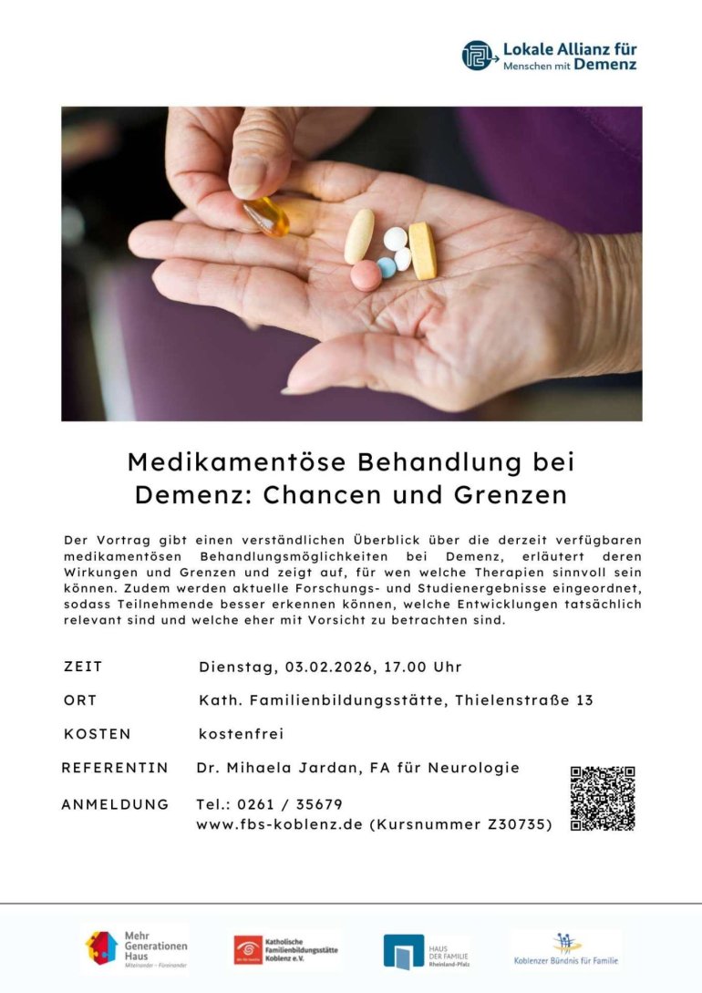Plakat zum Vortrag Medikamentöse Behandlung bei Demenz: Chancen und Grenzen