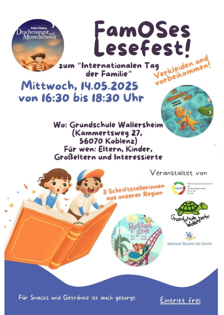 Plakat: Gezeichnete, lachende Kinder fliegen auf einem Buch Plakat: Gezeichnete, lachende Kinder fliegen auf einem Buch