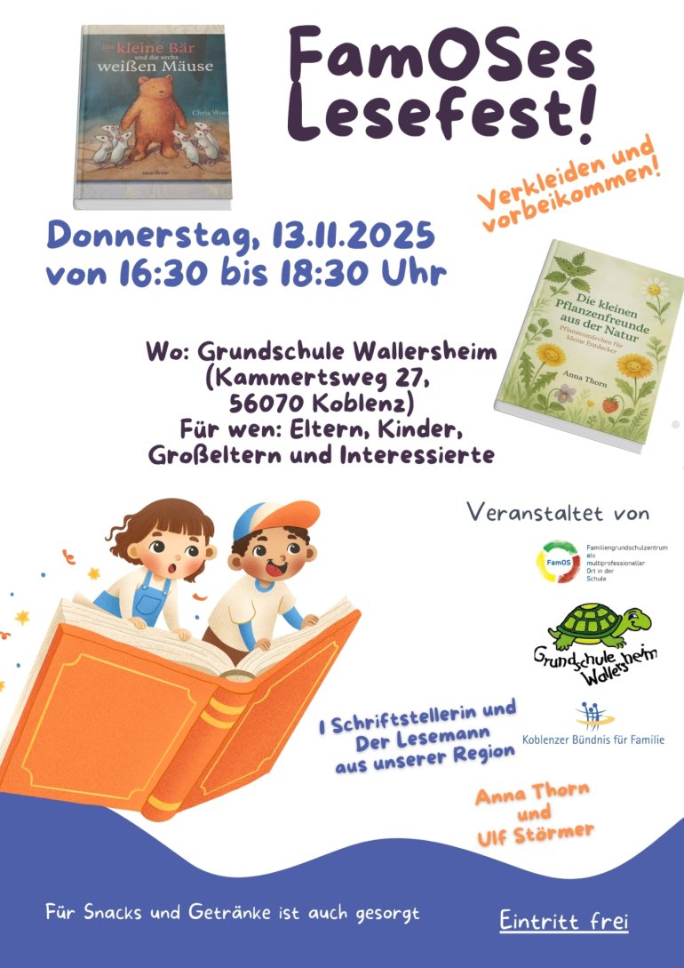 Plakat: Gezeichnete, lachende Kinder fliegen auf einem Buch Plakat: Gezeichnete, lachende Kinder fliegen auf einem Buch