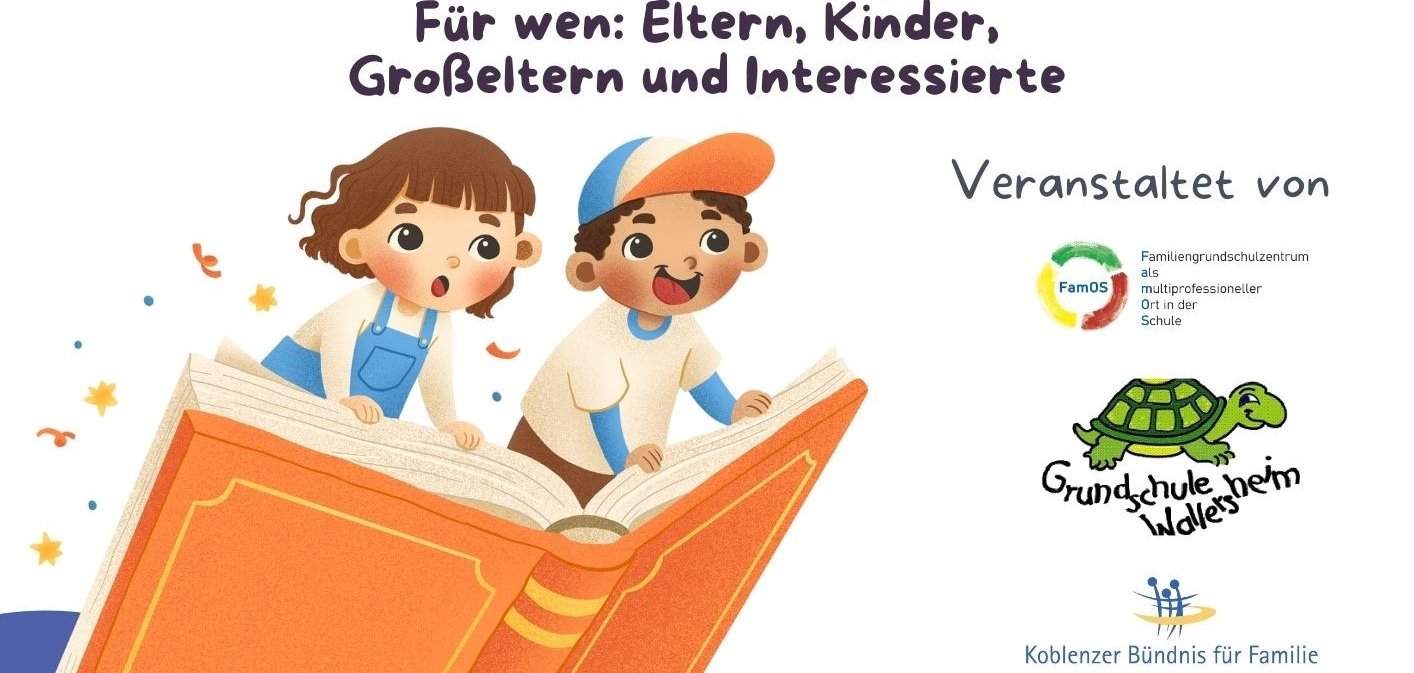 Gezeichnete, lachende Kinder fliegen auf einem Buch