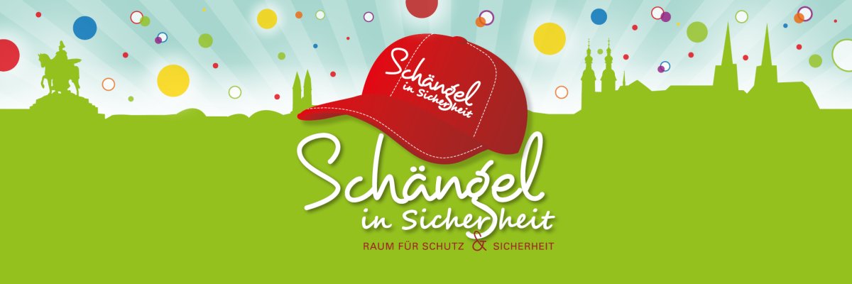 Logo von Schängel in Sicherheit (Baseballkappe rot mit weißem Schriftzug) auf grünem Hintergrund  Logo von Schängel in Sicherheit (Baseballkappe rot mit weißem Schriftzug) auf grünem Hintergrund