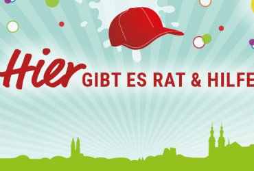 Schriftzug "Hier gibt es Rat und Hilfe" auf türkisem/grünem Hintergrund.