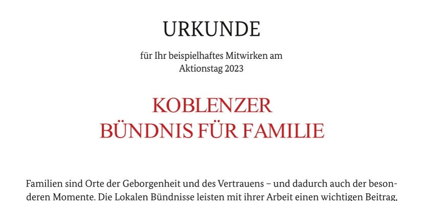 Urkunde für das Koblenzer Bümndnis für Familie
