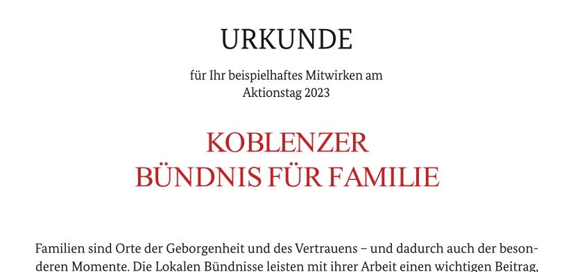 Urkunde für das Koblenzer Bümndnis für Familie