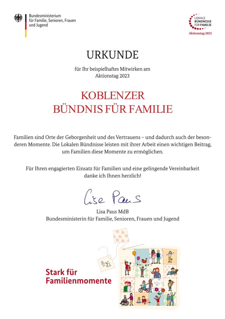 Urkunde für das Koblenzer Bümndnis für Familie Urkunde für das Koblenzer Bümndnis für Familie